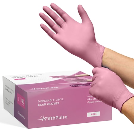 Fifthpulse FMN1000, Disposable Gloves, 3 mil Palm, Vinyl, Powder-Free, L, 50 PK, Pink FP-V-50-L-PNK